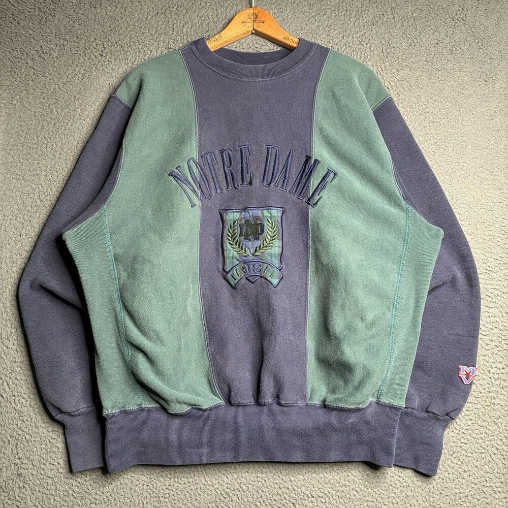 VTG 90s Notre Dame Crewneck Sweatshirt XL Embroidered Striped Made In USA